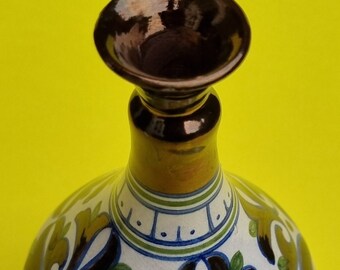Lanjaron Spain, Vintage 1990s Dolores Chaves Hand-painted White, Blue, Green and Copper Decorative Bud Vase.