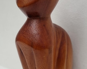 Mid Century Modern Scandinavian Hand Carved Wooden Cat Figurine.