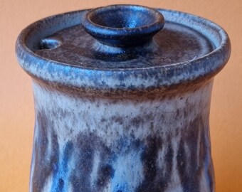 A Lovely Vintage Studio Pottery Drip Glazed Ceramic Condiment/Sugar Pot With Wonderful Hues of Blue, Brown & Grey.