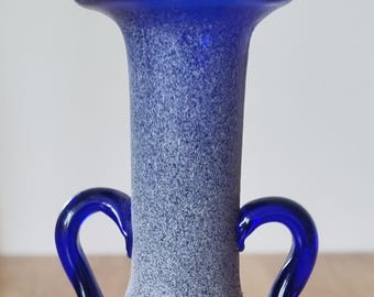 Vintage Lafiore Mallorca Cobalt Blue Scavo Art Glass Twin Handled Amphora Vase.