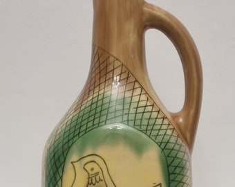 Vintage 1970s Bulgarian Studio Pottery Glazed Ceramic Jug/Pitcher With Hand Decorated Bird Motif.