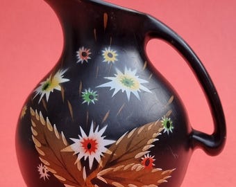 Decorative Mid Century 1950s Black with Red Interior Spout Hand-painted with Flower Motifs Ceramic Ewer/Jug. Marked "King" Made in England.