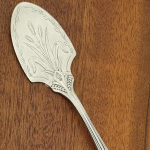 May include: Silver-coloured serving utensil with a wide, oval head and a long, slender handle. The head is decorated with an engraved wheat and leaf design. The handle also features wheat and leaf motifs, creating a cohesive and elegant look.