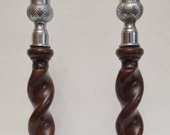 Art Deco Vintage 1930s Barley Twist English Oak & Chrome Candlestick Holders - Pair.