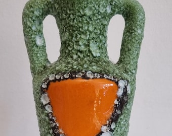 Vintage Vallauris Lava Glaze Amphora Vase Green Orange French Art Pottery 1960s.
