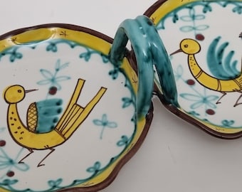Mid Century Italian Majolica Hand Painted Bird Motif Ceramic Handled Double Serving Dish.
