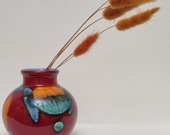 Vibrant Poole Pottery Living Glaze Odyssey Bulbous Vase With Red Orange And Turquoise Design.