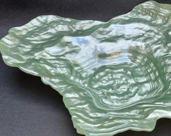 Large Beautiful Vintage DC Glassware Turkey, Green Iridescent Oyster Shell Shaped Serving Platter/Dish/Bowl.