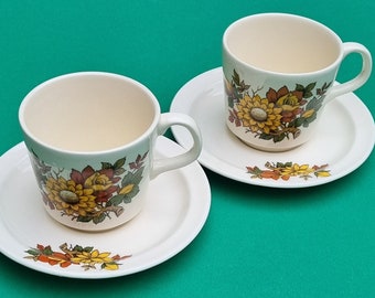 A Charming Floral Set of 2 Vintage 1970s Faianta Sighisoara Romania, Tea Cups and Saucers.