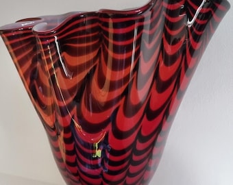 MCM Large Blown Freeform Opaque Glass, Red & Black Stripe/Feather Pattern Handkerchief/Ruffled Vase.
