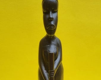Vintage Hand Carved Ebony Wood of African Female with Pestle & Mortar.