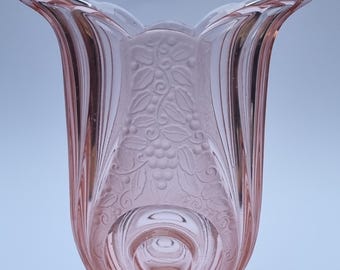 Rare & Stunning Brockwitz Germany Art Glass, Art Deco Weighty Pink Pressed Clear and Frosted Glass Vase.