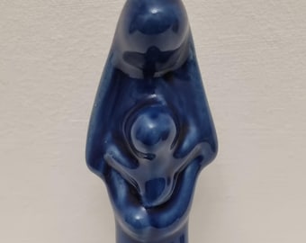 Vintage Deep Cobalt Minimalist Glazed Ceramic Madonna & Child Figurine/Sculpture.