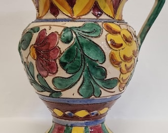 Early 20th Century Italian Majolica Jug/Vase Hand-Painted Floral Grape Design, Tin Glazed Vase.