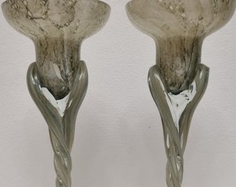 Vintage Jozefina Krosno Poland Hand Blown Art Glass Twist Stem Candlestick Holders - Pair.