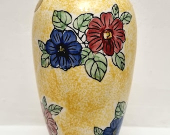 Vintage 1990s Hand Painted Yellow Speckled Glazed Ceramic Vase with Floral Motifs.