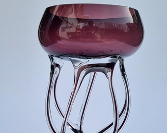 Krosno Poland "Jozefina" Amethyst Handblown "Jelly Fish" Art Glass Pedestal Bowl.