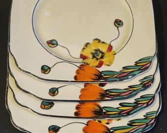 Art Deco Hand Painted Empire Ware Tea Plates With Flower Motif - Set of 4.
