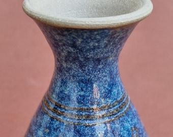 Vintage Glazed Ceramic Pottery Vase with a Speckled Blue Finish and Decorative Brown Lines.