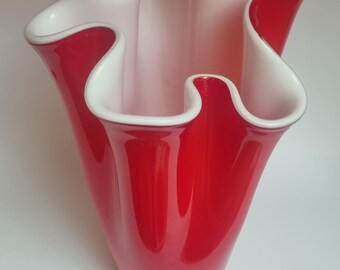 Vintage 1970s Red Handkerchief/Wavy Solid Glass Vase.