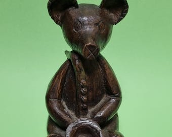 Rare Hazelbury House, Gloucestershire Hand Crafted Carved Wooden Bear Holding a Saxophone. Marked "SC" on Base of Wood.
