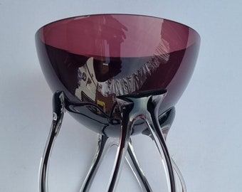 Krosno Poland "Jozefina" Amethyst Handblown "Jelly Fish" Art Glass Pedestal Bowl - Goblet.