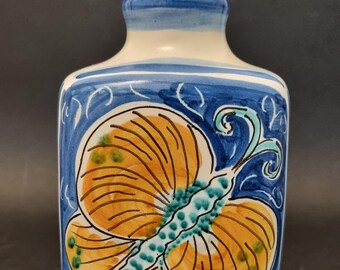 Striking 1970s, 1980s,  Branciforti Caltagirone, Sicily Italy, Hand Painted Blue Yellow & White 500ml Ceramic Bottle.