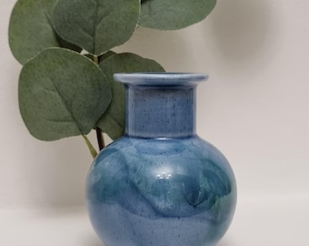 Vintage 1970s Lamorna Cornwall Studio Pottery Bulbous Vase With Blue And Teal Ocean Glaze.