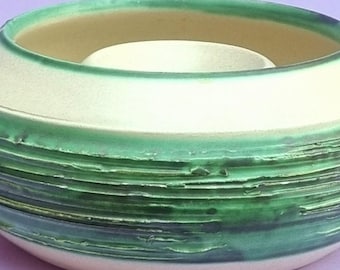 Rare Vintage Leonard Knight Tintagel Green Textured Pottery Posy Ring/Candlestick Holder.