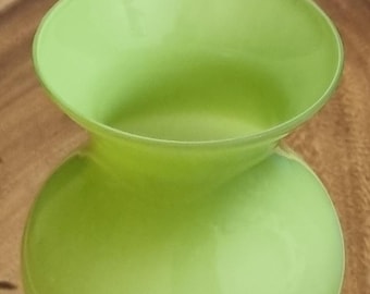 Vintage 1970s Hand Blown Apple Green Bulbous Glass Vase with a Clear Base & Wide Rim.