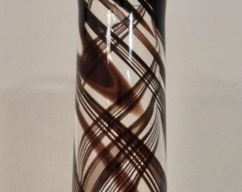 Mid Century Modern Tall Slim Hand-Blown Art Glass Vase with Dark Brown Swirls.