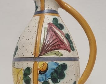 Vintage Hand-Painted Italian Sgraffito Majolica Floral Pitcher - Vibrant Mid-Century Glazed Ceramic Jug.