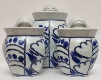 Vintage Blue & White Hand Painted Porcelain Lidded Storage Jars - Set of 3.