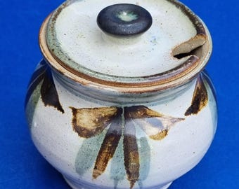 Vintage 1970s Glazed Studio Pottery Ceramic Mustard/Sugar Pot with Hand-painted Leaf Motifs. Natural Earthy Tones of Beige, Brown & Green.