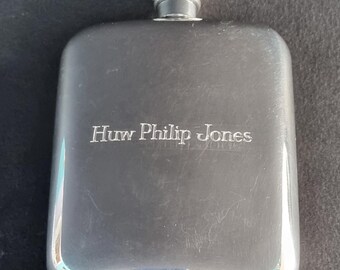 Vintage Early 20th Century Pinder Bros English Pewter Sheffield 50z 150ml Kidney Shaped Hand-Crafted Hip Flask. Engraved "Huw Philip Jones"