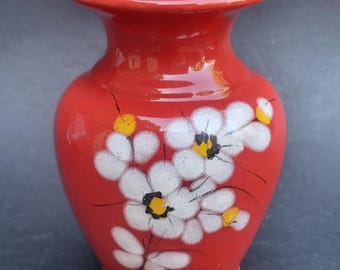 Vintage Italian Glazed Terracotta Red Vase With White Hand Painted Flowers.