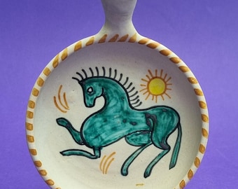 Mid Century La Menora Talavera Spain Hand-Painted Ceramic Handled Bowl/Dish with Horse Motif.