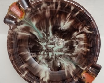 Mid Century West Germany (405) Brown Orange Cream & Green Drip Glaze Ashtray/Trinket Dish.