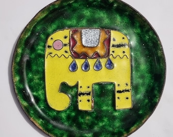 Rare Mid Century Mottled Green Glazed Cloisonne Enamel Elephant Motif on Metal Pin Dish.