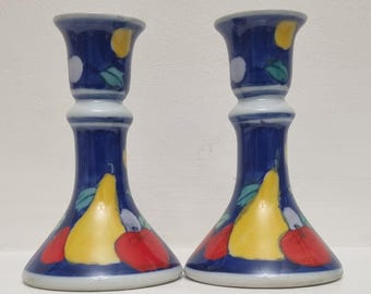 Vintage Chinese Vivid Multicoloured Hand Painted Porcelain Candlestick Holders - Pair.