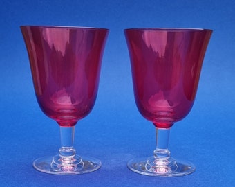 A Set of 2 Weighty Vintage Crystal Marc Aurel Cranberry & Clear Stemmed Wine Glass.