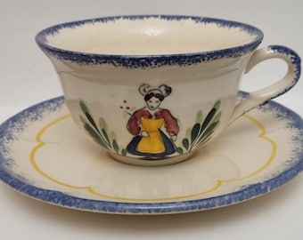 Vintage French Quimper Faience Teacup and Saucer - Hand-Painted Breton Folk Art Pottery.