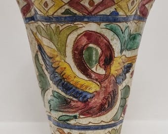 Vintage Italian Majolica Pottery Vase Hand-Painted Phoenix Griffin Motif Made in Italy.