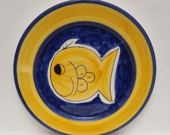 Vintage Portuguese Bright Hand-Painted Yellow & Blue Decorative Ceramic Plate with Fish Motif.