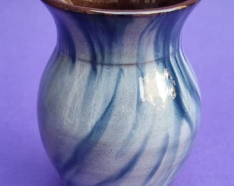 Mid Century 1960s Holkham Pottery Blue & Grey Glazed Ceramic Vase - Signed JR.