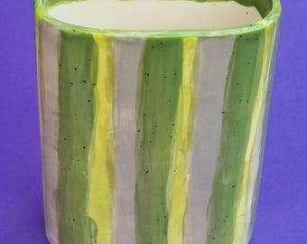 Retro 1970s Glazed Ceramic Flat Vase #1587 - Lime, Yellow & Grey Tones - Mid-Century Modern Decor.