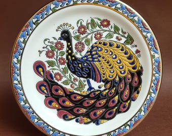 Vintage 1970s, Greek Lindos Keramik Handmade Decorative Plate of Peacock & Floral Design.