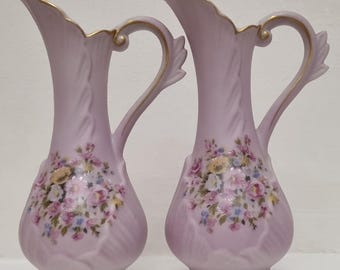 Mid Century Lefton Pink Porcelain Jugs: Hand Painted Floral Ewer - Set of 2.