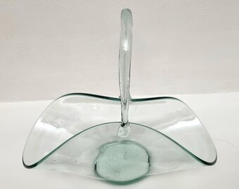 Vintage La Mediterranea Spain Hand Blown Green Recycled Glass Basket Dish.