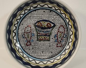 Vintage J. Tamimi Hebron Hand Painted Armenian Style Ceramic Mosaic Fish Motif Bowl.